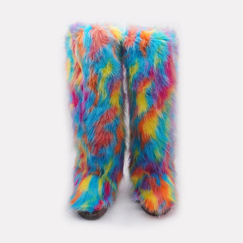 New In Fashion Knee High Fluffy Boots Women Winter Warm Plush Long Snow Boots Non-slip Casual Cotton Shoes