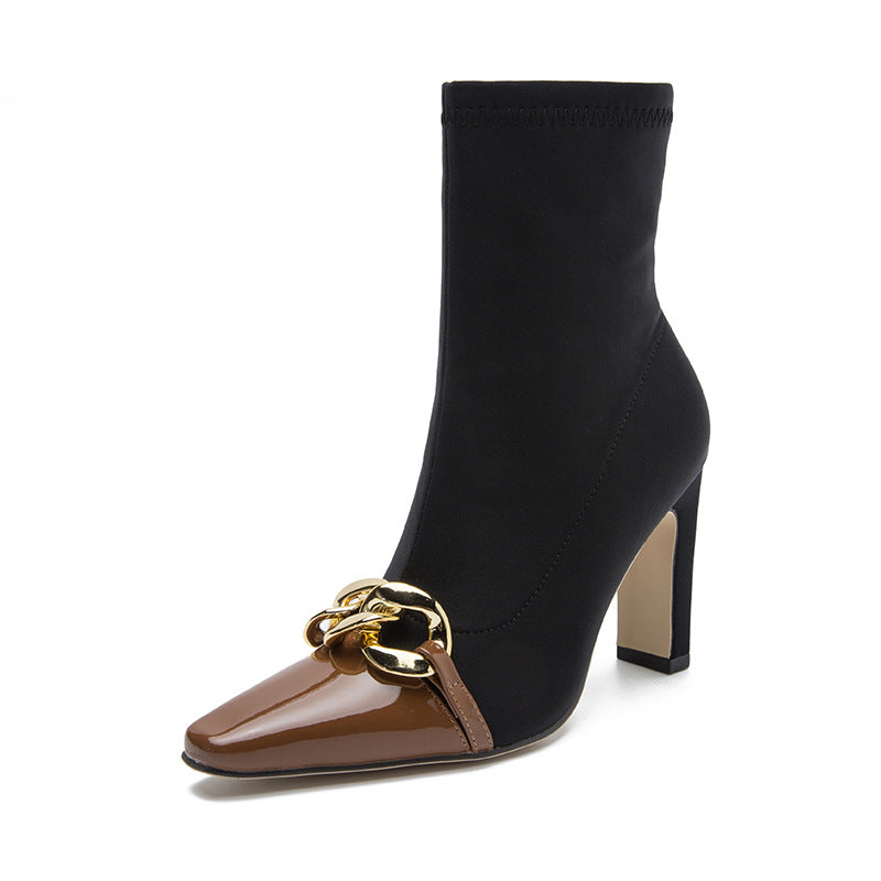 Short Boots Female Autumn And Winter New Pointed High Heels Thick With Sexy British Style Spelling Color Chain Boots