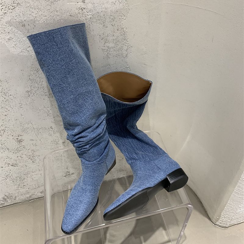 Modern Women Denim Knee High Boots New In Female Low Heel Footwear Fashion Pleated Ladies Western Long Boots Slip On Shoes