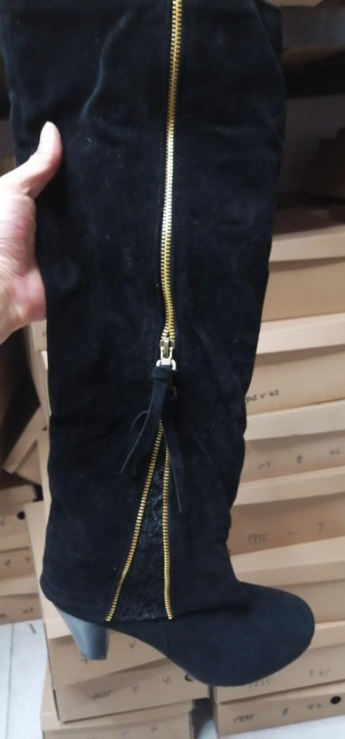 High heeled thick heeled cuffed high boots