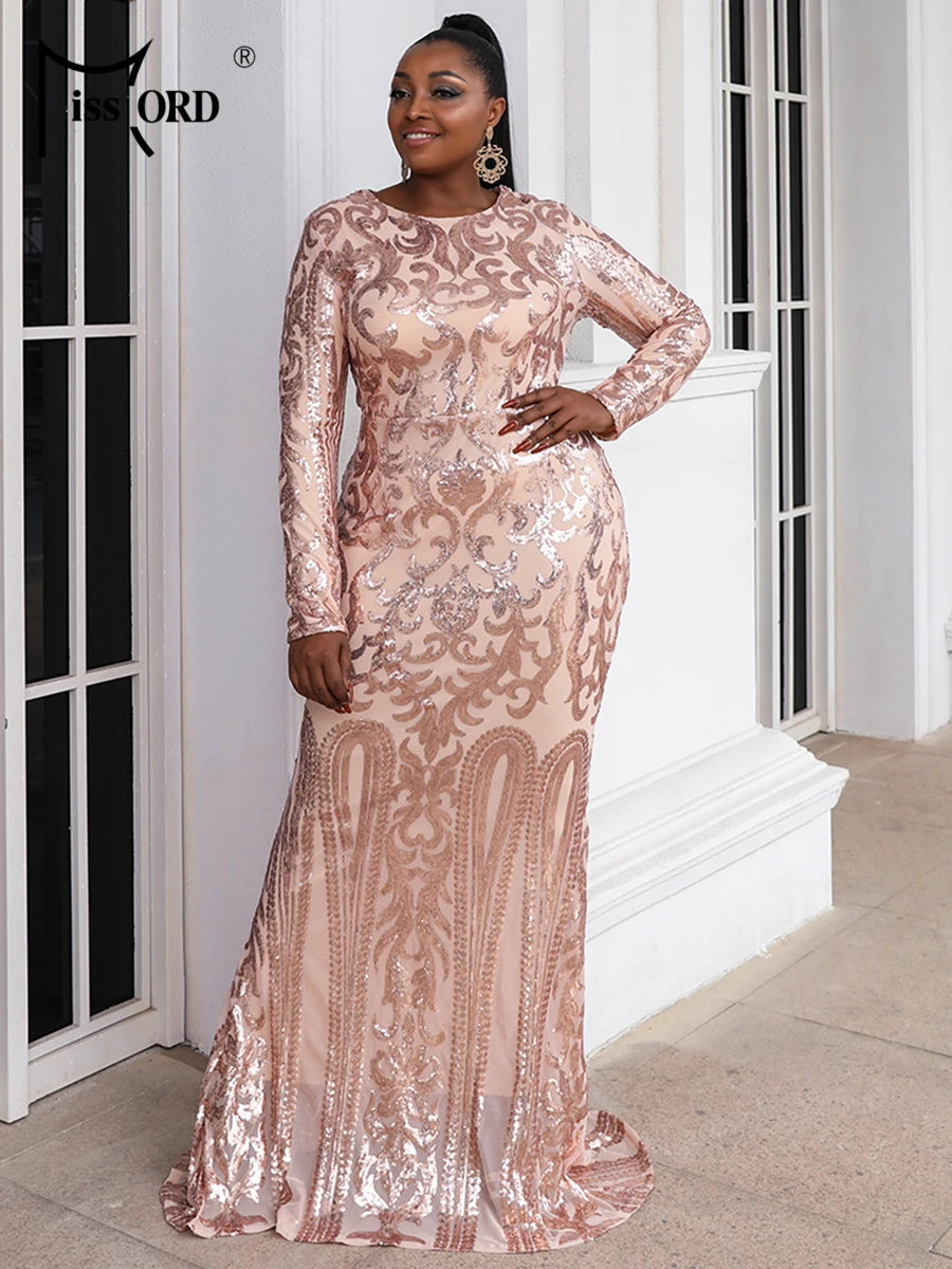 Missord Black Sequin Plus Size Party Dress Elegant Women O-neck Long Sleeve Bodycon Mermaid Prom Dresses Large Size Evening Gown