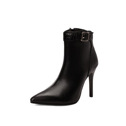Autumn And Winter Colorblock Belt Buckle Stiletto High Heel Pointed Toe Women's Ankle Boots