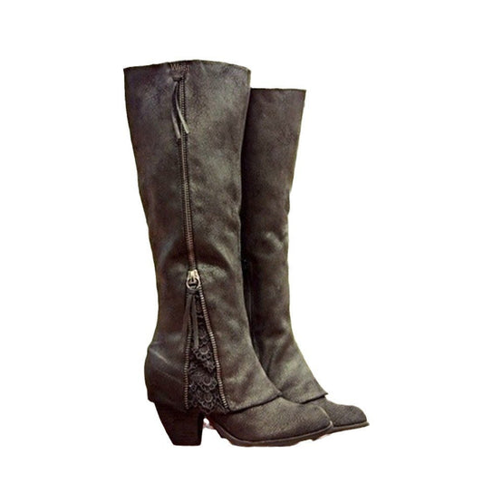 High heeled thick heeled cuffed high boots