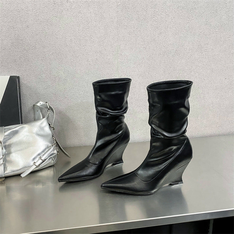 Autumn and Winter New Fashionable French Pointed Slope Heel Stacked Women's Boots Soft Leather High Heels Comfortable Short Boots