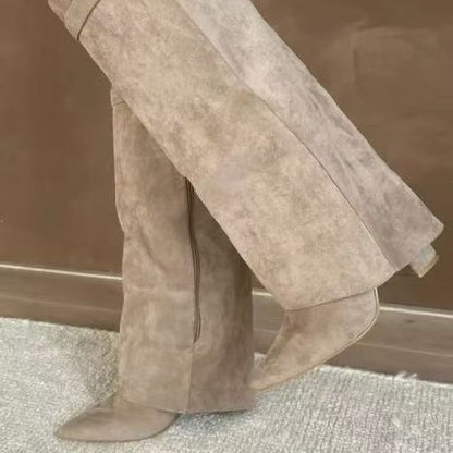 Boots with pointed toes large tube circumference straight tube metal buckle medium length tube thick heel women's boots