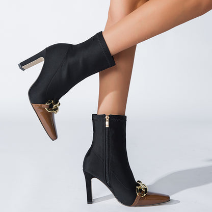 Short Boots Female Autumn And Winter New Pointed High Heels Thick With Sexy British Style Spelling Color Chain Boots