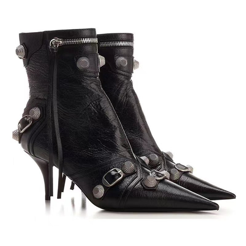 Fashion Pointed Toe Boots Women Chain Fringe Zipper Pumps Heels Soft Leather Ladies Party Ladies Shoes
