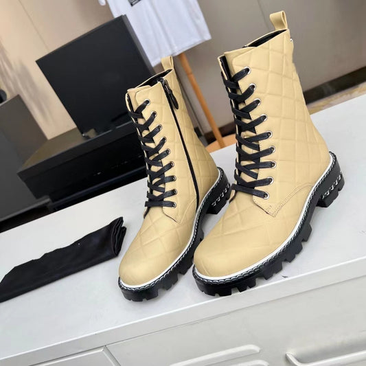 Real Leather Lace Up Woman Low Heel Boots Silvery Yellow Fashion Round Toe Thick Sole Short Boots New Autumn Winter Modern Boots