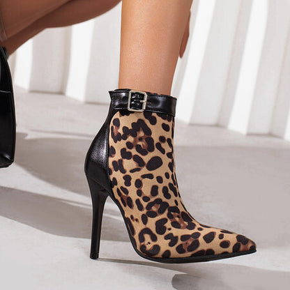 Autumn And Winter Colorblock Belt Buckle Stiletto High Heel Pointed Toe Women's Ankle Boots
