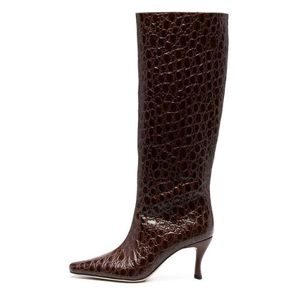 pop design autumn winter motorcycle boots shoes women print leather knee high boots sexy high heels platform riding boots woman