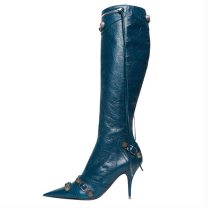 Women's Autumn and Winter Pointed Toe Metal Buckle Zipper Knee Boots Stiletto Rivet High Heels Luxury Shoes
