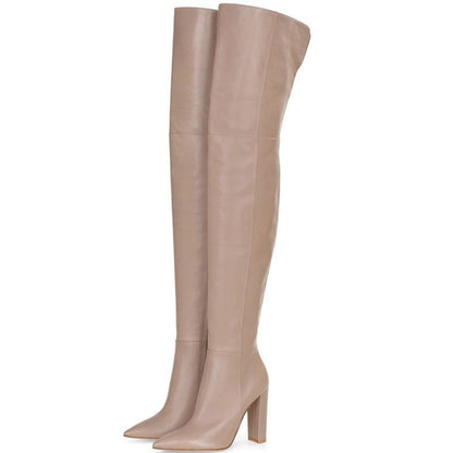 Soild Genuine Leather Women Boots Black Pointed Toe Round Heel Over The Knee Boots Side Zipper Autumn Winter Designer Shoes