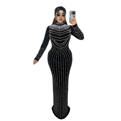 Elegant Velvet Embellished Long Sleeve Dress for Women Fashion Style Casual Occasion
