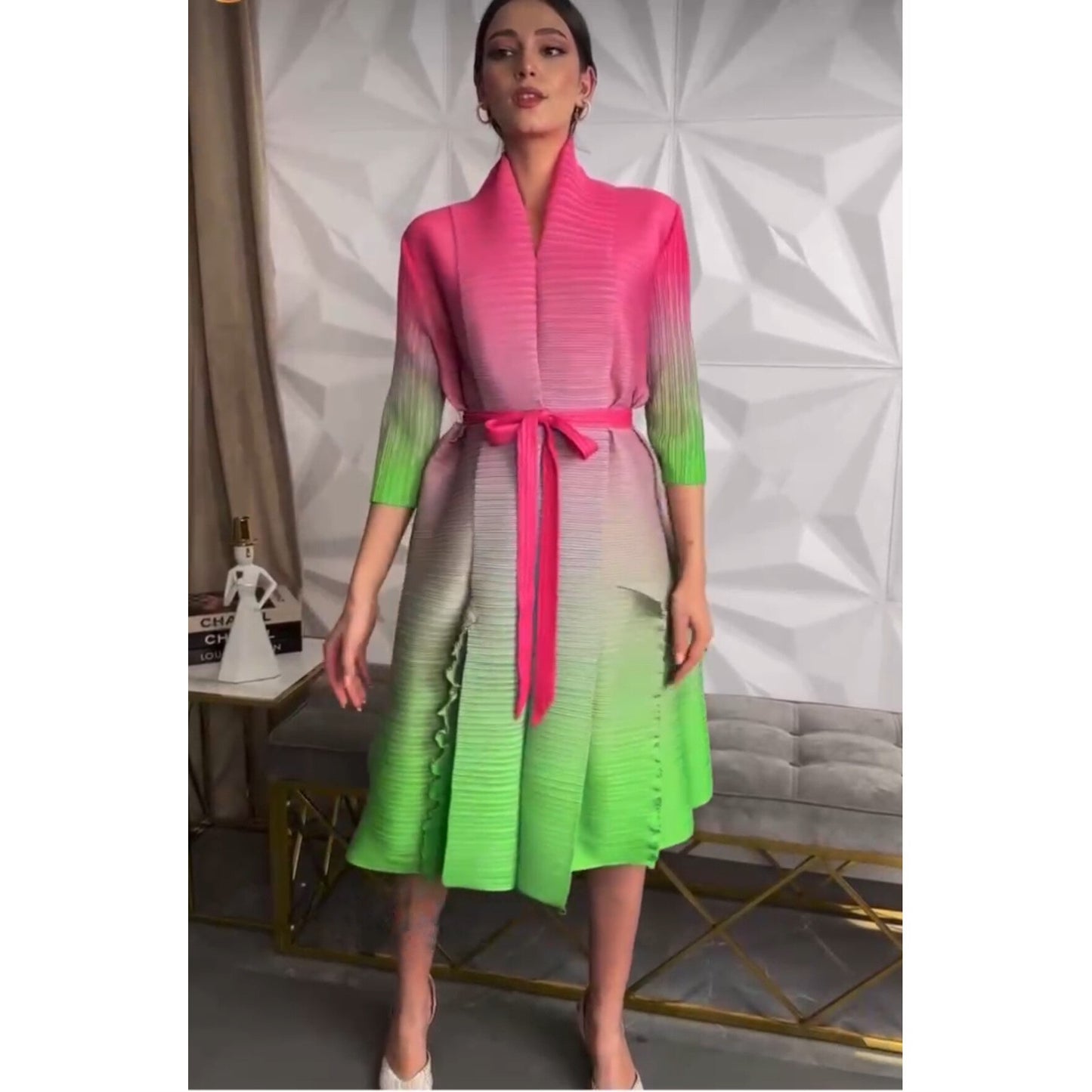 Autumn Gradient Pleated Dress Women Bandage Lapel Luxury Long Sleeve Plus Size Summer Female Elegant Clothing