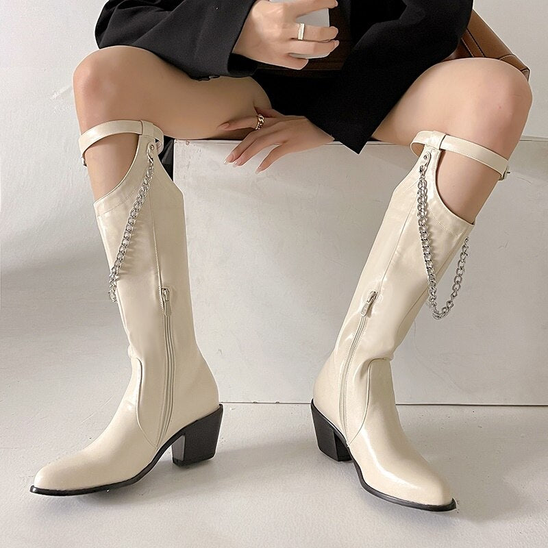 Temperament Pointed Chelsea High Heel Fashion Boots Autumn and Winter New Style Belt Buckle Metal Chain Long Women's Boots
