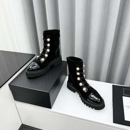 Winter Brand New Women's Short Boots Pearl Decor Black Ankle Boots Luxury Shoes Botas Mujer Platform Motorcycle Boots