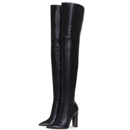 Soild Genuine Leather Women Boots Black Pointed Toe Round Heel Over The Knee Boots Side Zipper Autumn Winter Designer Shoes