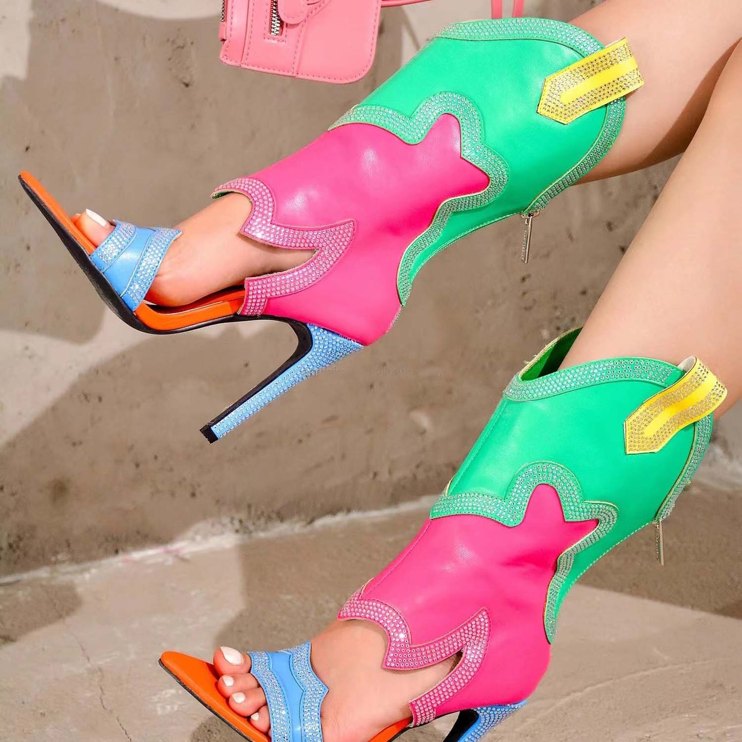 Women Rhinestone Western Booties Patchwork Open Toe Stiletto Sandals Boots Ladies Back Zipper Mid-calf Boot Bling Party Shoes
