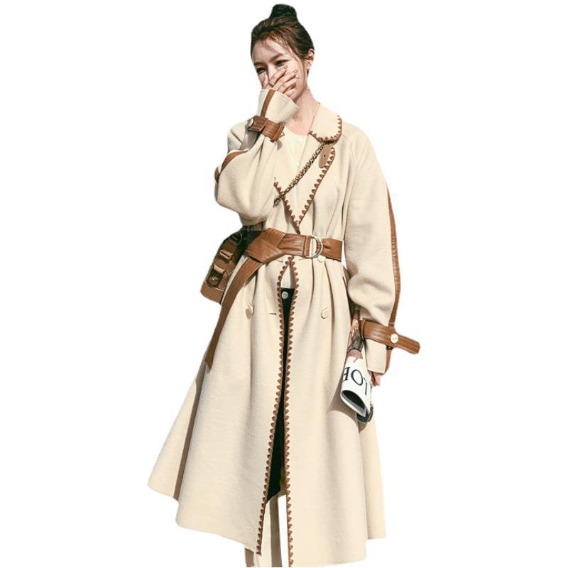 Winter Color Contrast Double Sided Coat Women Medium Long Patchwork Woolen Coats With Belt Luxury Clothing