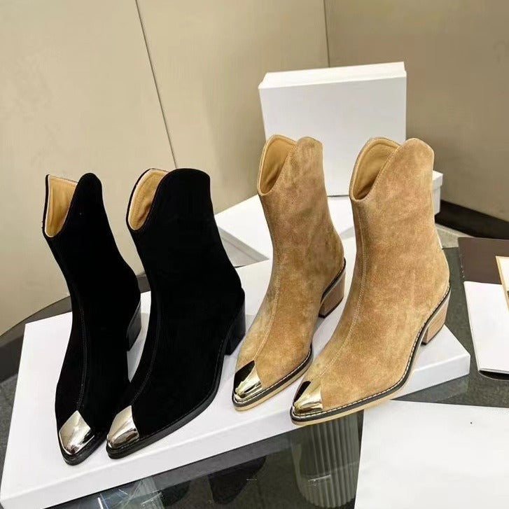 Winter Designer Shoes Women Chelsea Boots Metal Toe Back Zip Short Boots Women Pointed Toe Chunky Heel Ankle Boots Suede Leather