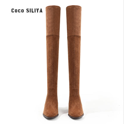 Long Boots Children's Thick Heel High Heel Elastic Knight Boots Round Head Over Knee Long Sleeve Women's Boots Winter