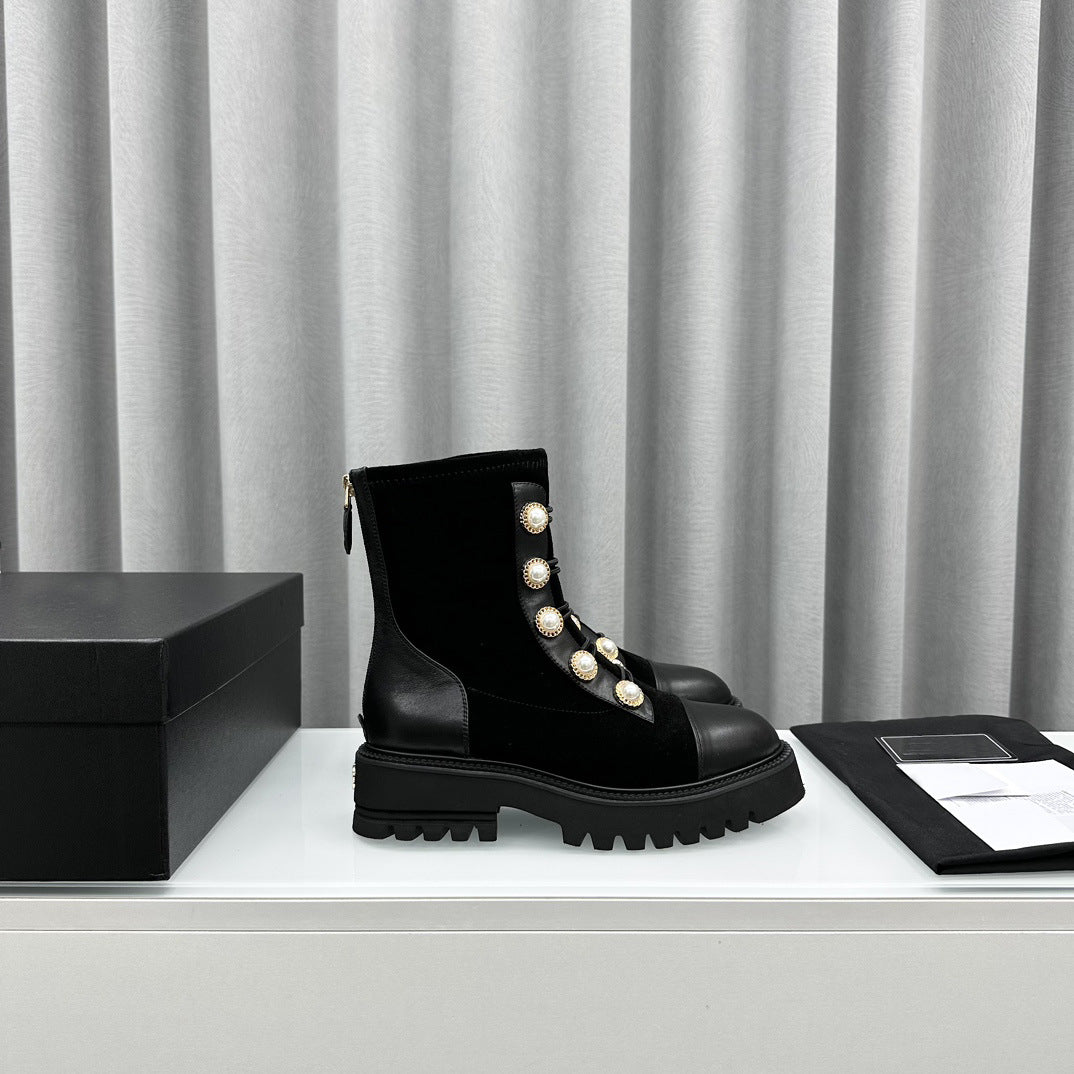Winter Brand New Women's Short Boots Pearl Decor Black Ankle Boots Luxury Shoes Botas Mujer Platform Motorcycle Boots