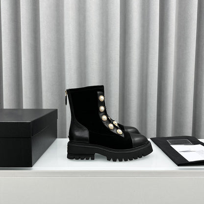 Winter Brand New Women's Short Boots Pearl Decor Black Ankle Boots Luxury Shoes Botas Mujer Platform Motorcycle Boots