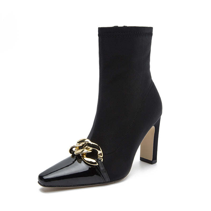 Short Boots Female Autumn And Winter New Pointed High Heels Thick With Sexy British Style Spelling Color Chain Boots