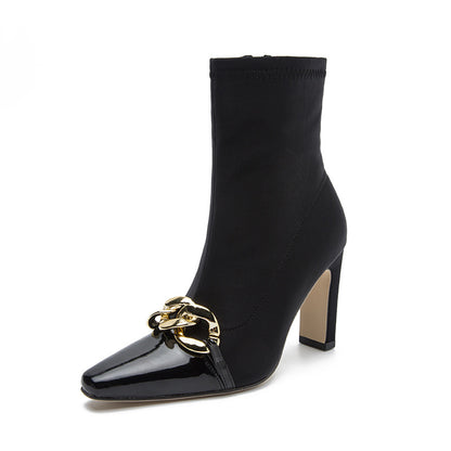 Short Boots Female Autumn And Winter New Pointed High Heels Thick With Sexy British Style Spelling Color Chain Boots