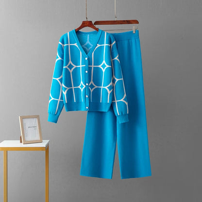 Autumn Winter Women's Geometry Knit Fashion Cardigan Sweater Wide Legs Pants Suits Casual Knitted Two Piece Set Outfits