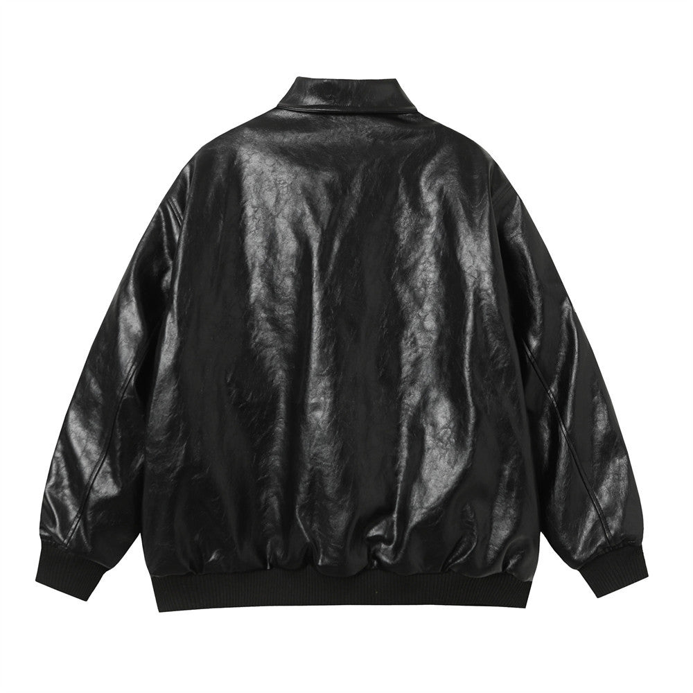 Embroidery creative cartoon loose collar leather jacket
