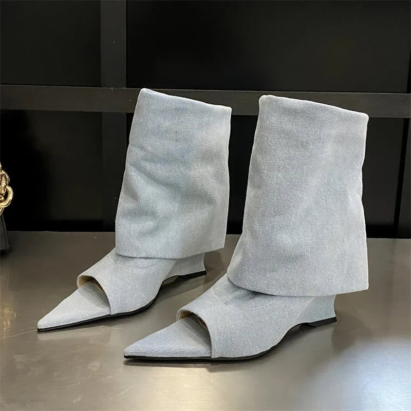Fashion Pointed Peep Toe Women Boots Sandals Designer Knee-High Booties Wedges Heels Ladies Shoes Zapatos De Mujer