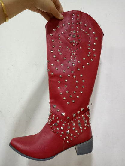 Riveted long boots thick heel middle heel riveted high heeled women's boots