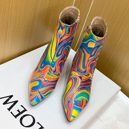 Women's New High-Heeled Autumn And Winter Thick Heel Pointed Toe Patent Leather Martin Boots