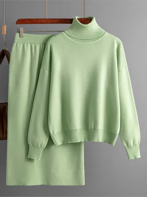 Women Loose Sweater Suits Long Sleeve Pullovers Female Knitted Midi Skirt 2 Piece Set Grey