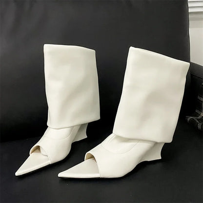 Fashion Pointed Peep Toe Women Boots Sandals Designer Knee-High Booties Wedges Heels Ladies Shoes Zapatos De Mujer