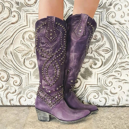 Riveted long boots thick heel middle heel riveted high heeled women's boots