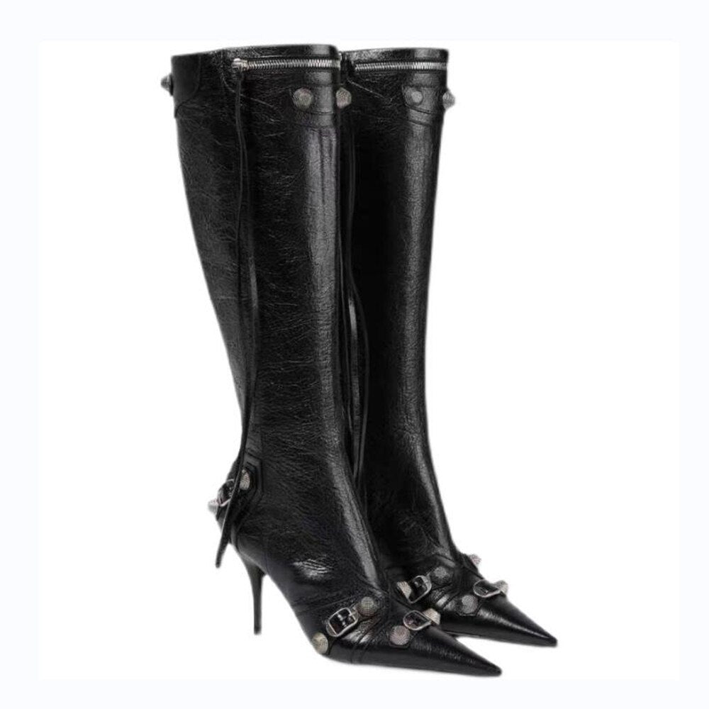 Women's Autumn and Winter Pointed Toe Metal Buckle Zipper Knee Boots Stiletto Rivet High Heels Luxury Shoes