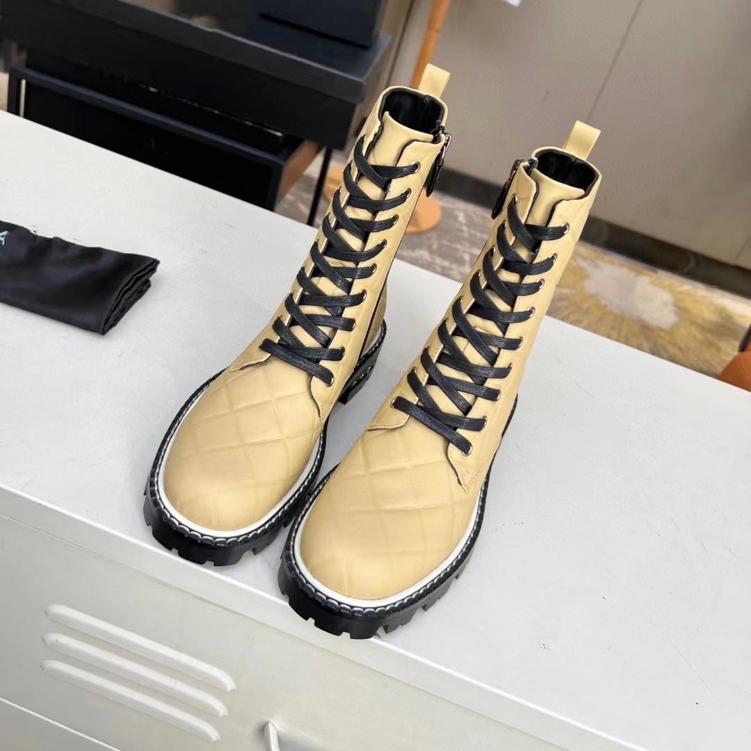 Real Leather Lace Up Woman Low Heel Boots Silvery Yellow Fashion Round Toe Thick Sole Short Boots New Autumn Winter Modern Boots