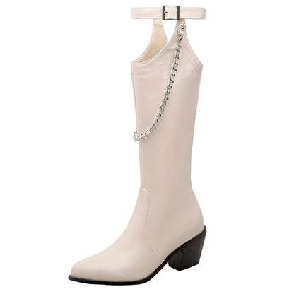 Temperament Pointed Chelsea High Heel Fashion Boots Autumn and Winter New Style Belt Buckle Metal Chain Long Women's Boots