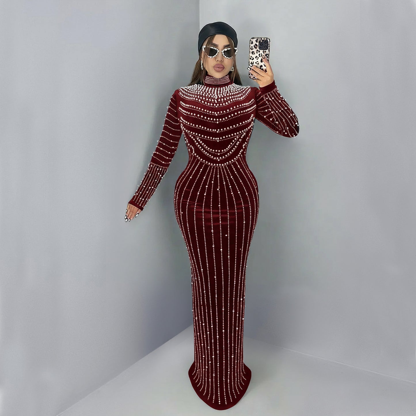 Elegant Velvet Embellished Long Sleeve Dress for Women Fashion Style Casual Occasion