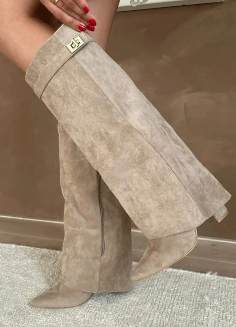 Boots with pointed toes large tube circumference straight tube metal buckle medium length tube thick heel women's boots