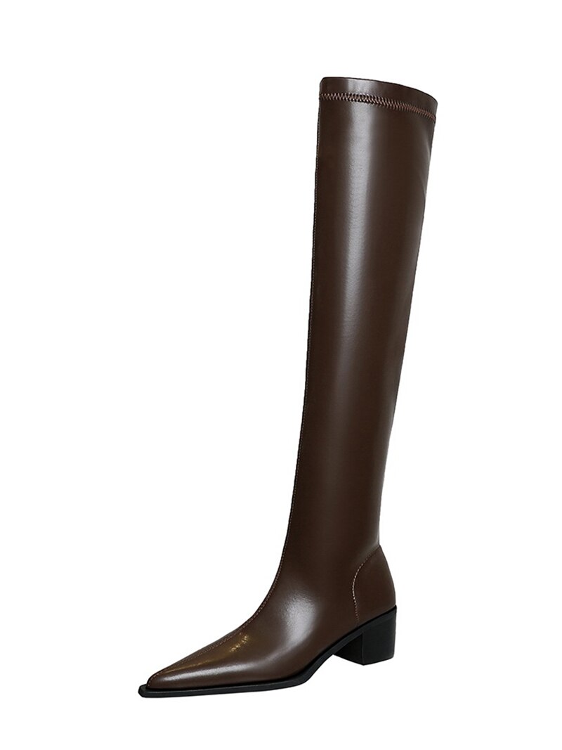 European and American Winter Fashion Simple Thick Heel High Heel Pointed Thin Leg Knee Length Women's Boots