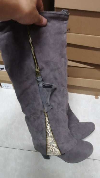 High heeled thick heeled cuffed high boots