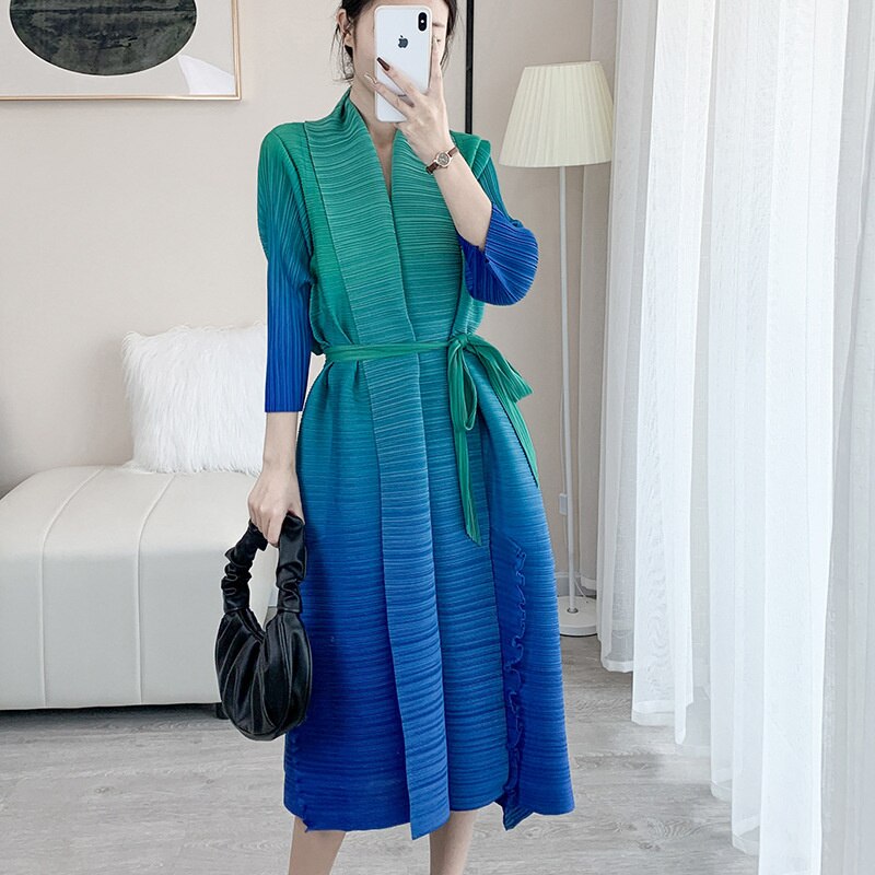 Autumn Gradient Pleated Dress Women Bandage Lapel Luxury Long Sleeve Plus Size Summer Female Elegant Clothing