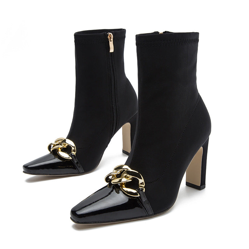Short Boots Female Autumn And Winter New Pointed High Heels Thick With Sexy British Style Spelling Color Chain Boots