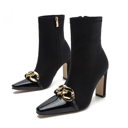 Short Boots Female Autumn And Winter New Pointed High Heels Thick With Sexy British Style Spelling Color Chain Boots