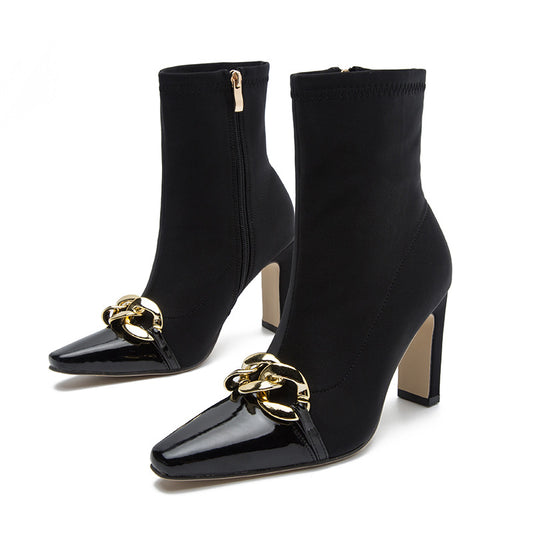 Short Boots Female Autumn And Winter New Pointed High Heels Thick With Sexy British Style Spelling Color Chain Boots
