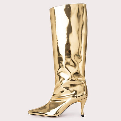 pop design autumn winter motorcycle boots shoes women print leather knee high boots sexy high heels platform riding boots woman