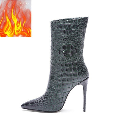 Crocodile High Heel Short Boots Large 34-45 Pointed Thin Heels and Ankle Boots Show Winter  Autumn Mid Tube Boots Women Shoes